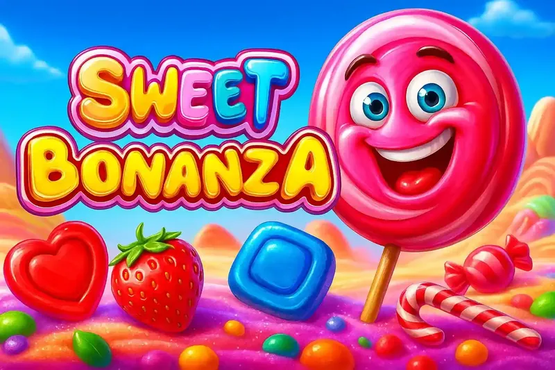 Sweet Bonanza Pirulito Mascote Pirulito rosa gigante animado com rosto feliz cercado por morangos, doces coloridos и logo Sweet Bonanza contra céu azul